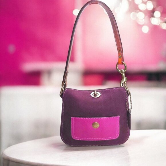 Coach Handbags - Vintage COACH Y2k Bag in Fuchsia Pink and Purple Nubuck Leather with turnlock